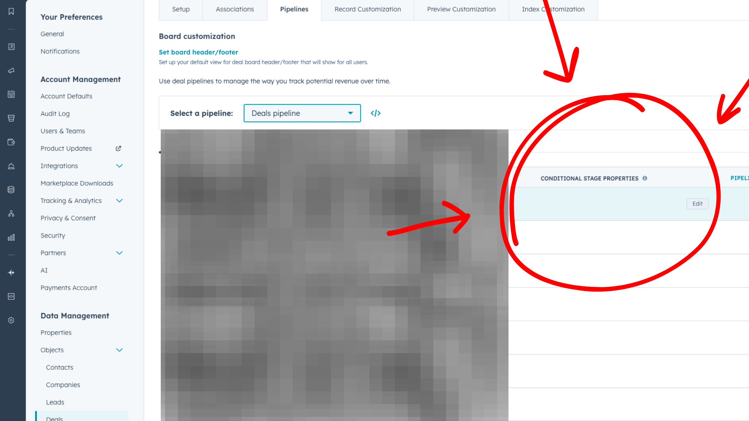 HubSpot pipeline settings showing conditional stage properties configuration for Closed Won stage