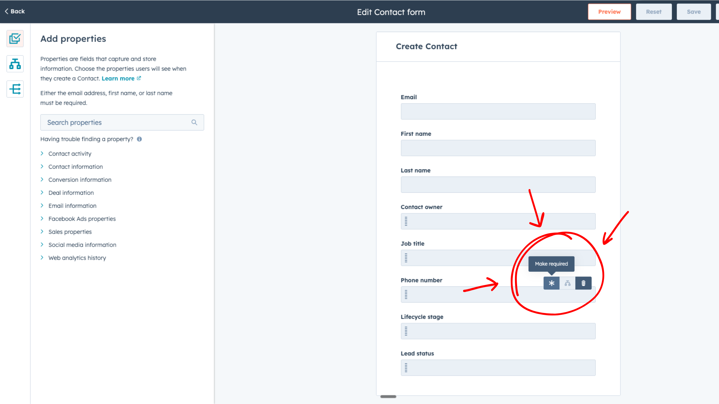 HubSpot settings page showing Create Contact form customization with required fields and conditional logic