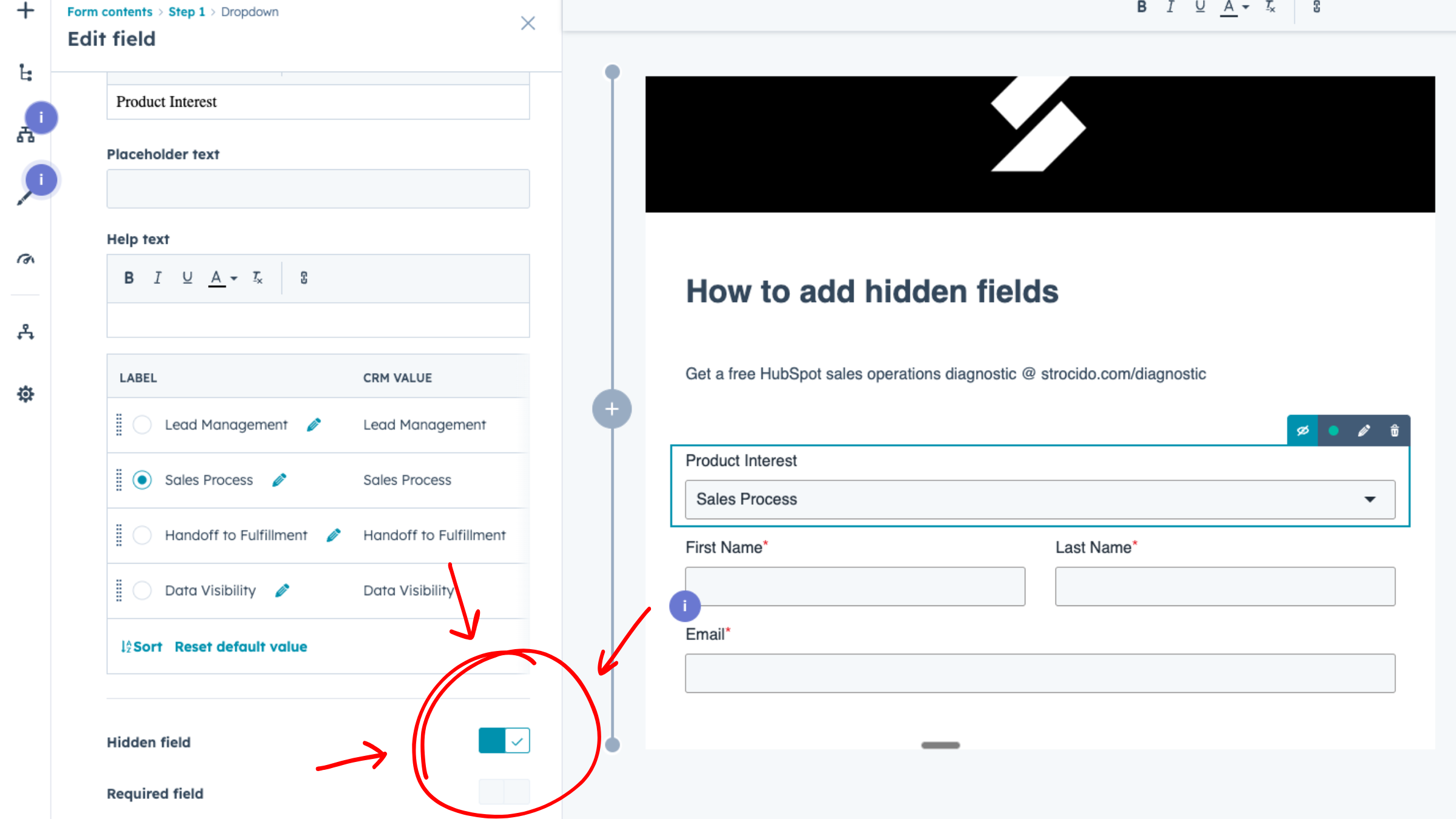 HubSpot form editor showing hidden field toggle and default value configuration